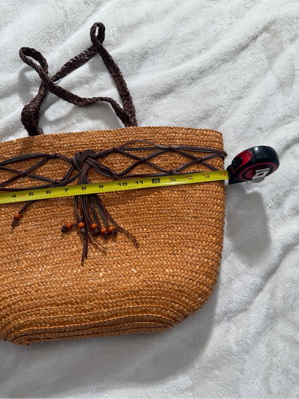 White Stag Boho Woven Straw Tote Bag with Faux Leather Tassel Detail - Picture 7 of 8